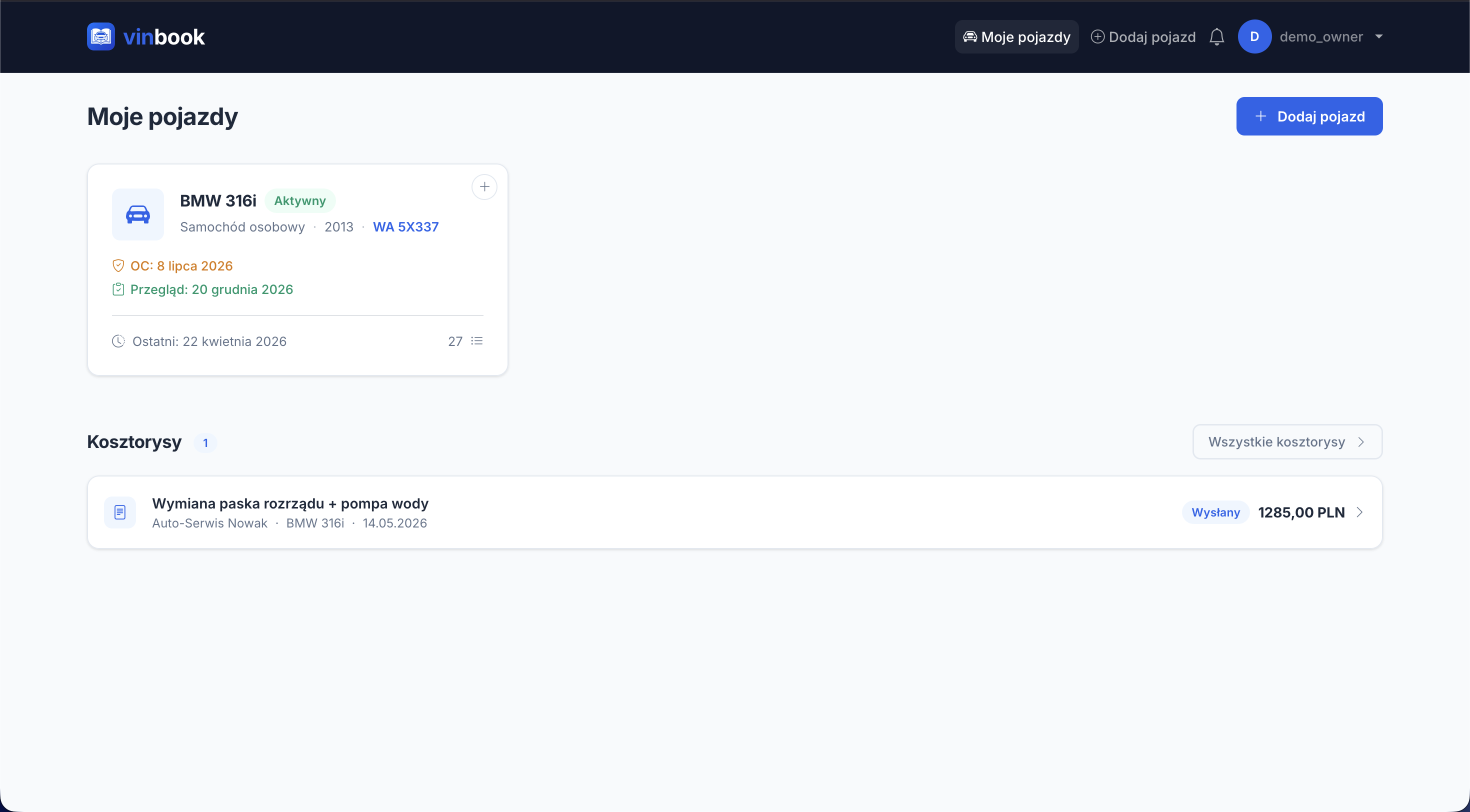 Vehicle center — VinBook dashboard